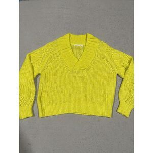 Anthropologie Sweater Size XS Petite Yellow Wool Open Knit‎ V Neck Boxy Fit
